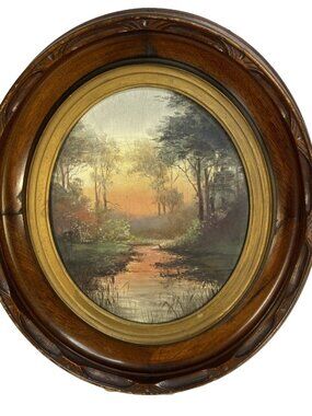 Antique 1800s Victorian Walnut Wood Oval Picture Frame Guilded W/ Art 15" x 18"